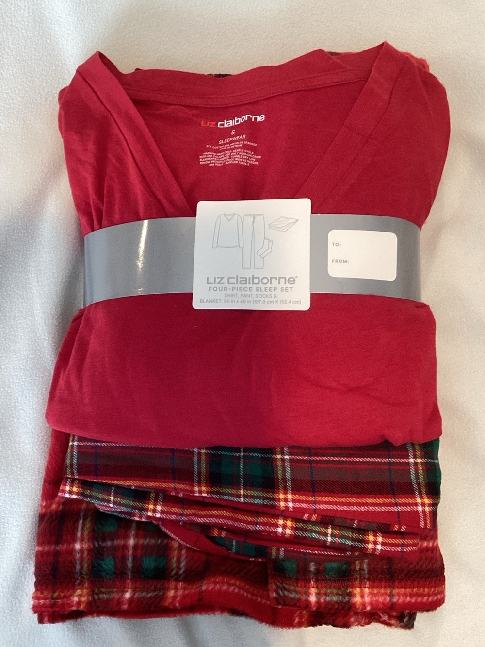 Liz Claiborne 4 piece Sleep Set Red Top with Red and Green Plaid Pajama Set